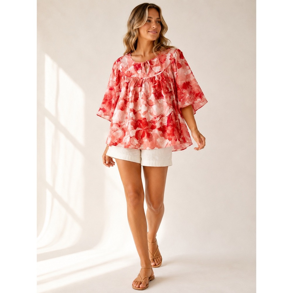 77 Park Women Pink Red Floral Watercolor Blouse Short Flutter Sleeve Large